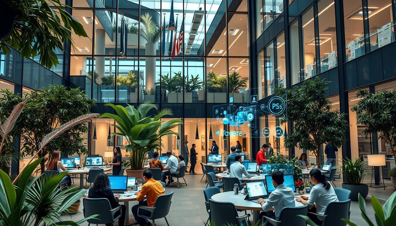 A modern office with an open-plan collaborative workspace featuring greenery, people working on computers, and digital technology holograms in a glass-walled building.